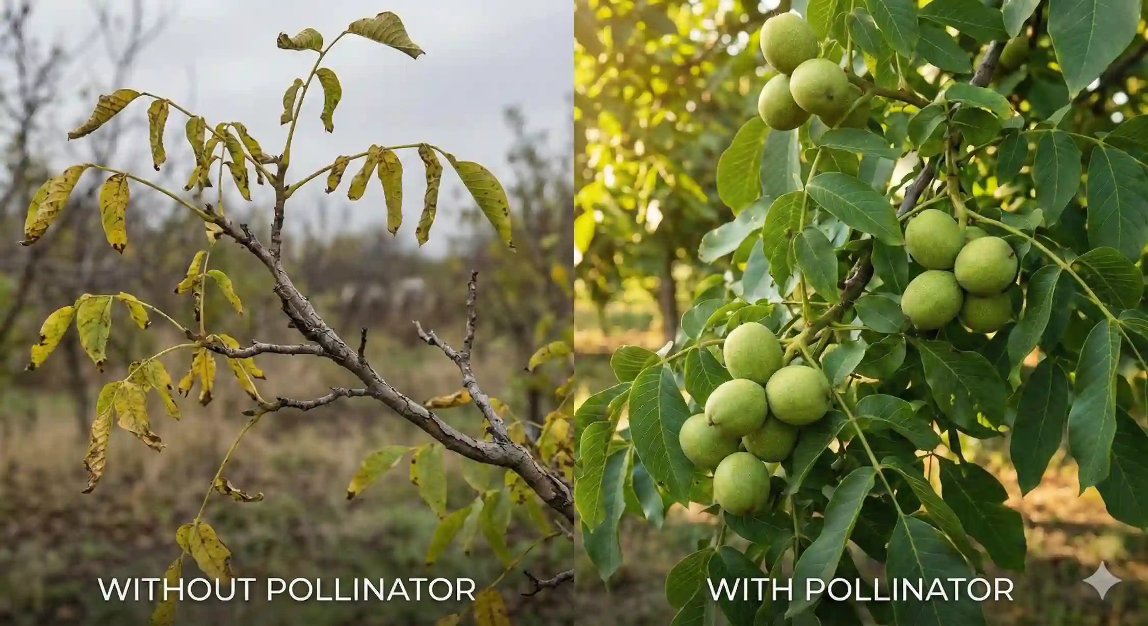 مقایسه درخت گردو بدون محصول و پربار با استفاده از ارقام گرده افشان